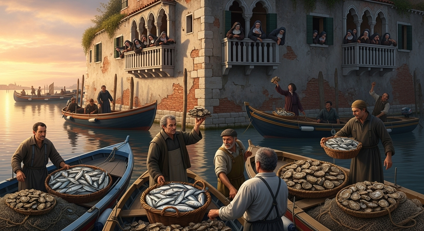 Scena dei pescatori accolti dalle monache 