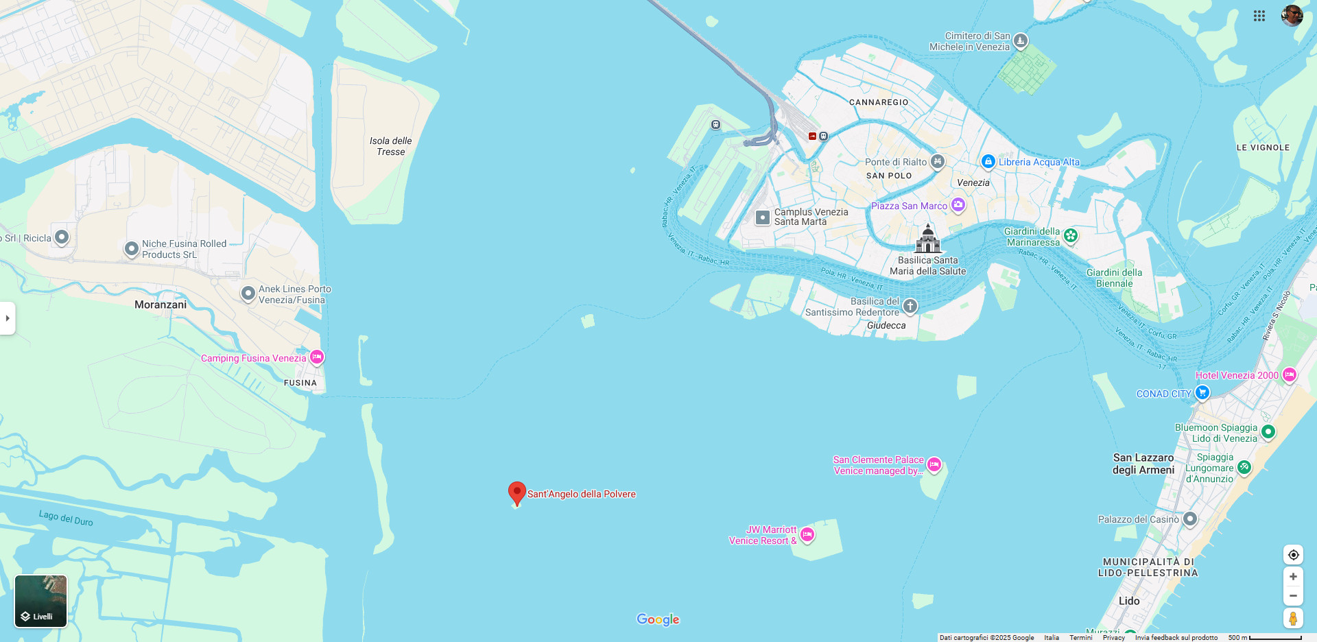 Posizione dell'isolotto Sant'Angelo della Polvere nella laguna di Venezia