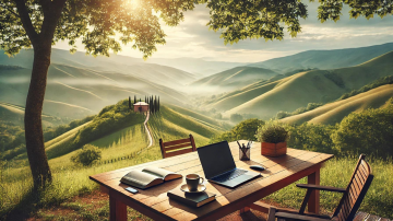 Un tranquillo paesaggio collinare con postazione di smart working