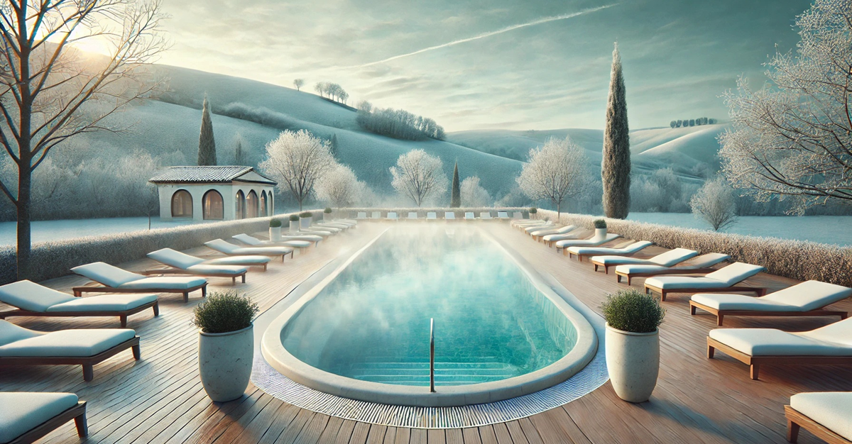 Piscina termale immersa in un paesaggio invernale con colli