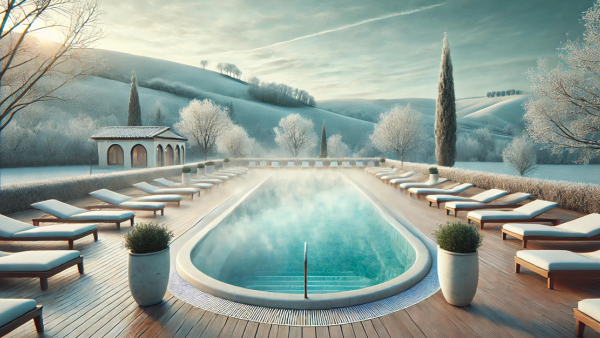 Piscina termale immersa in un paesaggio invernale con colli
